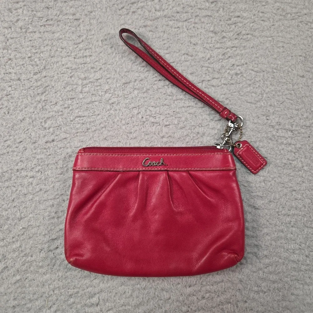 Coach Wristlet Womens Small Red Leather Wrist Strap Zipper Closure Logo Hardware